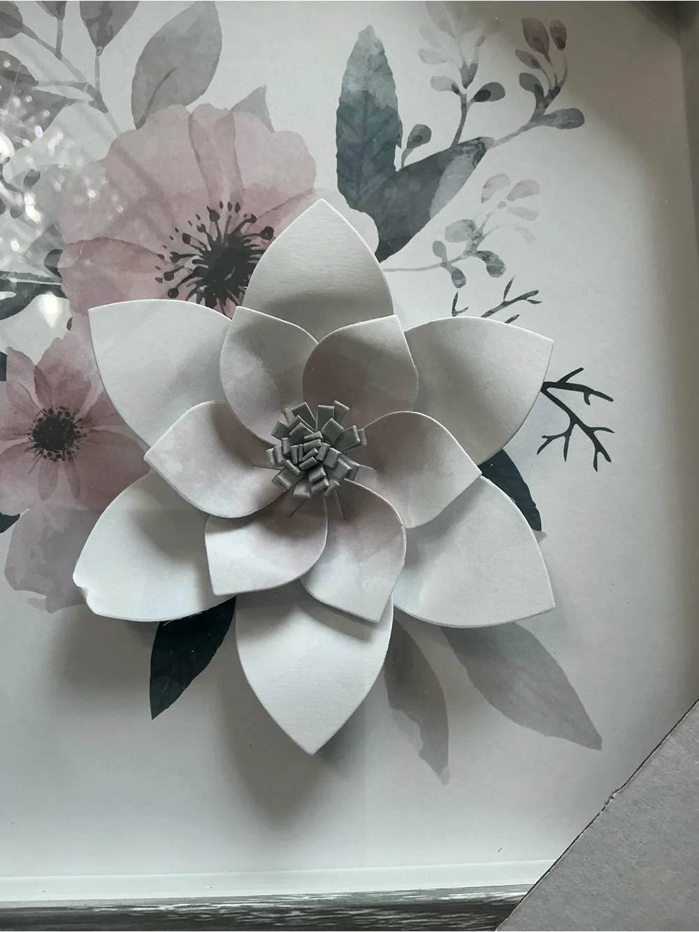 3D Floral Wall Art Picture Frame in White and Pink with gray frame